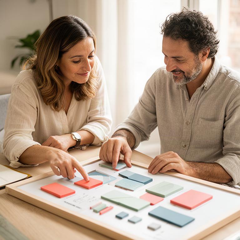 Pareja de Barcelona revisando una pizarra con partidas presupuestarias y gráficos sencillos en una mesa luminosa